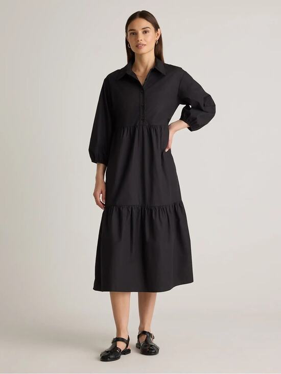 Quince Dresses & Skirts - NEW Quince Organic Cotton Poplin Midi Tunic Dress Black Large Tiered Puff Sleeve